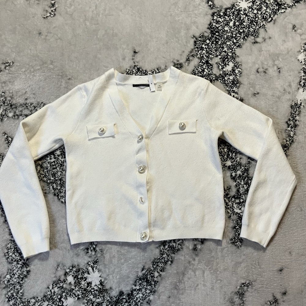 T Tahari Sweater Womens‎ Sz S Ivory Knit Classic Pearl Button Cardigan Elegant